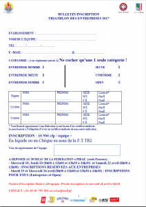 Fiche d'inscription Triathlon des Entreprises 2017